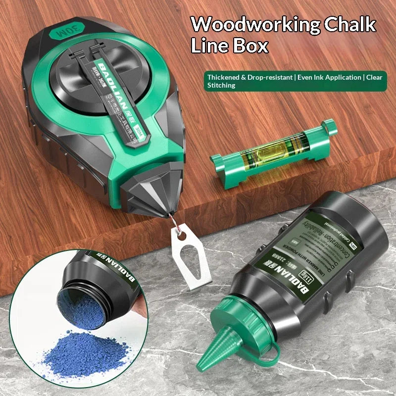 A set of woodworking chalk line boxes and tools including a green and black box, a glass tube, and a chisel-like marking tool