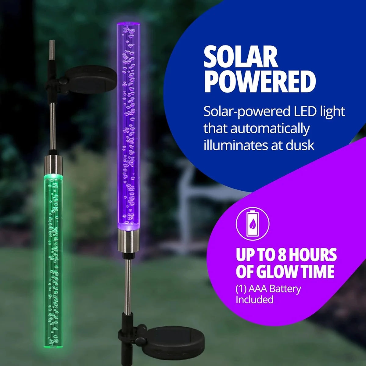 Solarbetriebene LED-Lampe, die einen Landschaftspfad bei Dämmerung mit lila-grüner Beleuchtung erhellt.