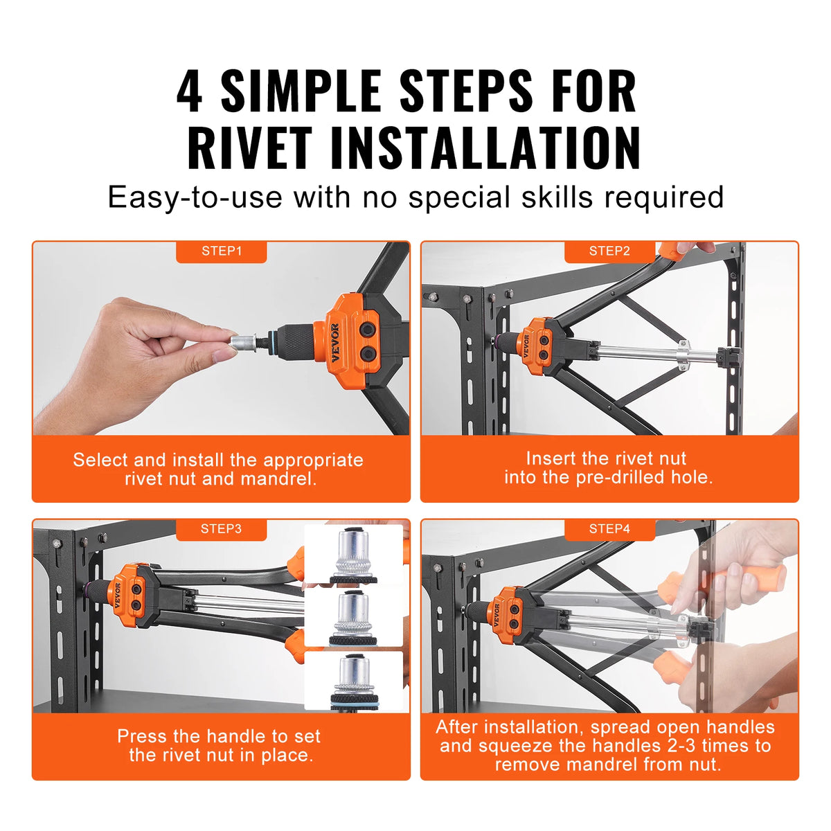 Four steps for rivet installation showing a tool inserting a rivet nut into a pre-drilled hole.