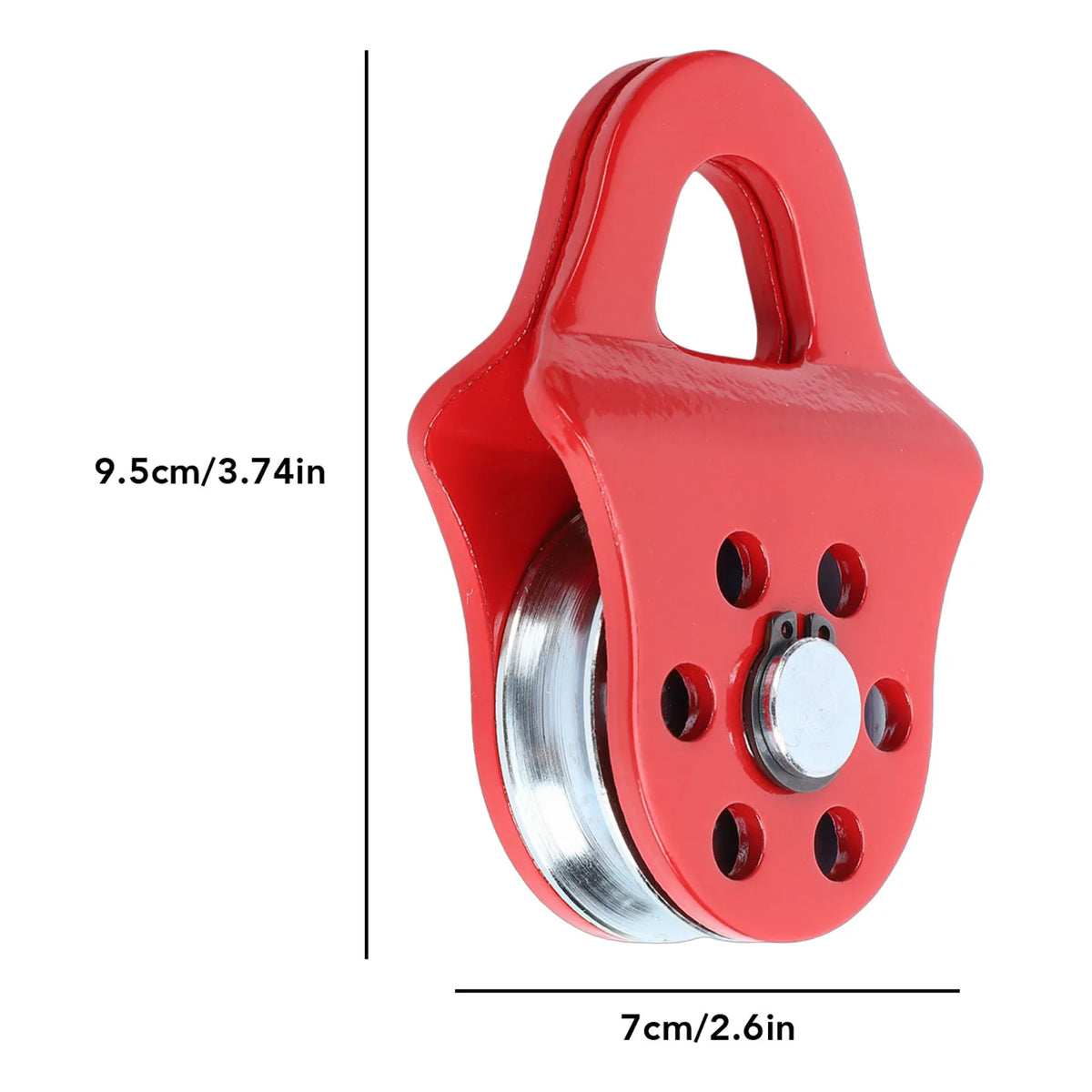 A red heavy duty winch snatch block with a silver pulley and mounting holes.