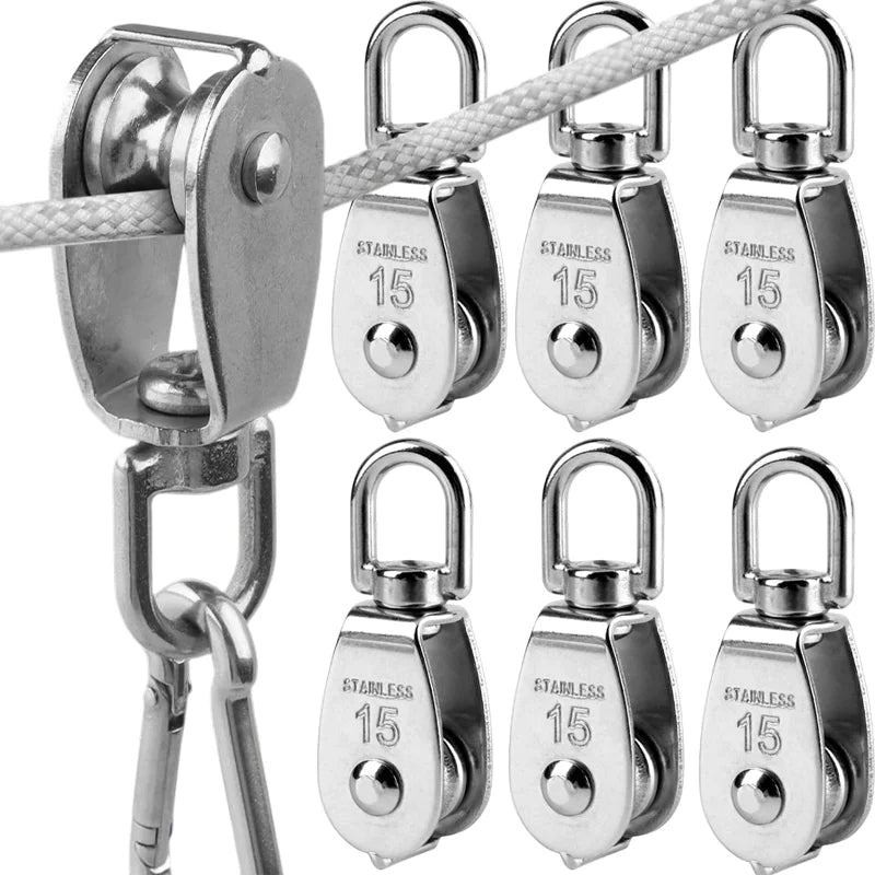 Stainless steel wire rope pulley block with various sizes of pulleys and a chain link
