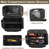 Bolsa organizadora de herramientas resistente negra mostrando compartimentos interiores, incluyendo un bolsillo con cremaller