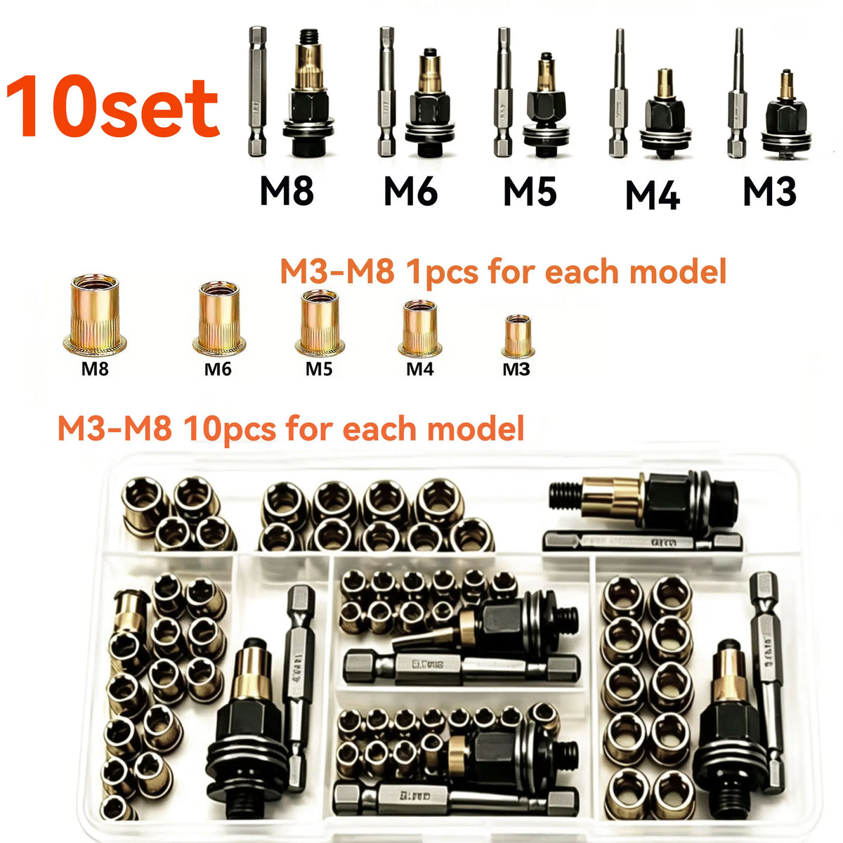 A set of M8 to M3 manual riveting tools and corresponding nuts packaged in a plastic tray.