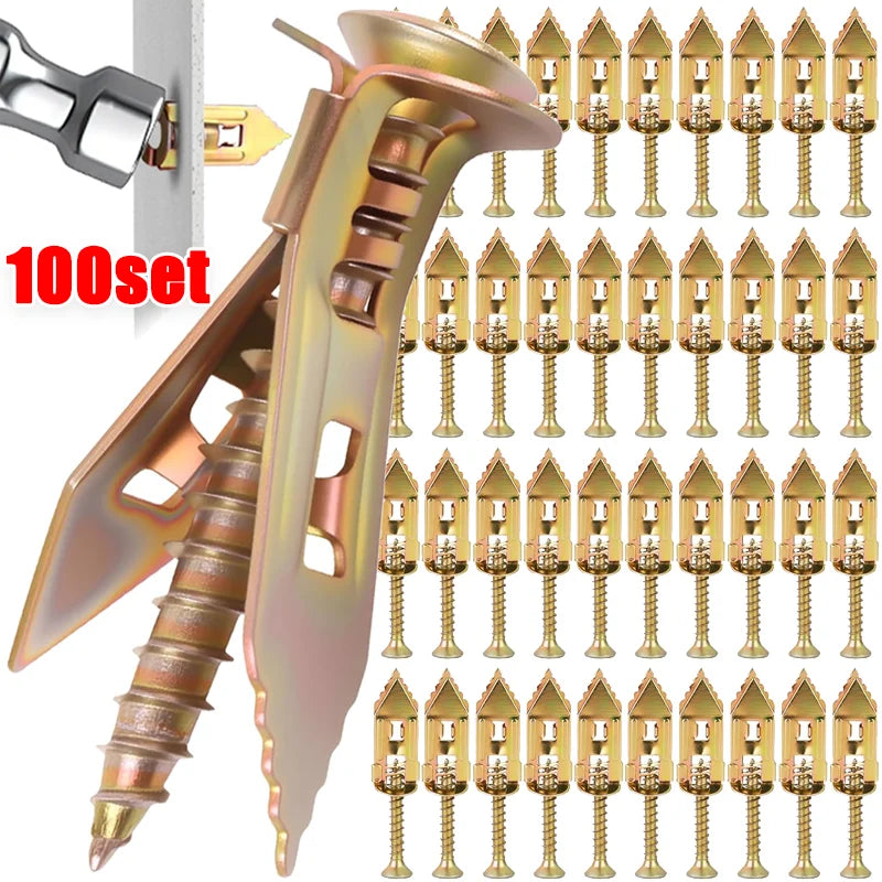 A set of self-tapping drywall expansion anchors in various sizes and finishes.