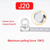 Silver J20 magnetic hook with a 20mm diameter and M4 hanging rings, rated for a maximum pulling force of 10KG.
