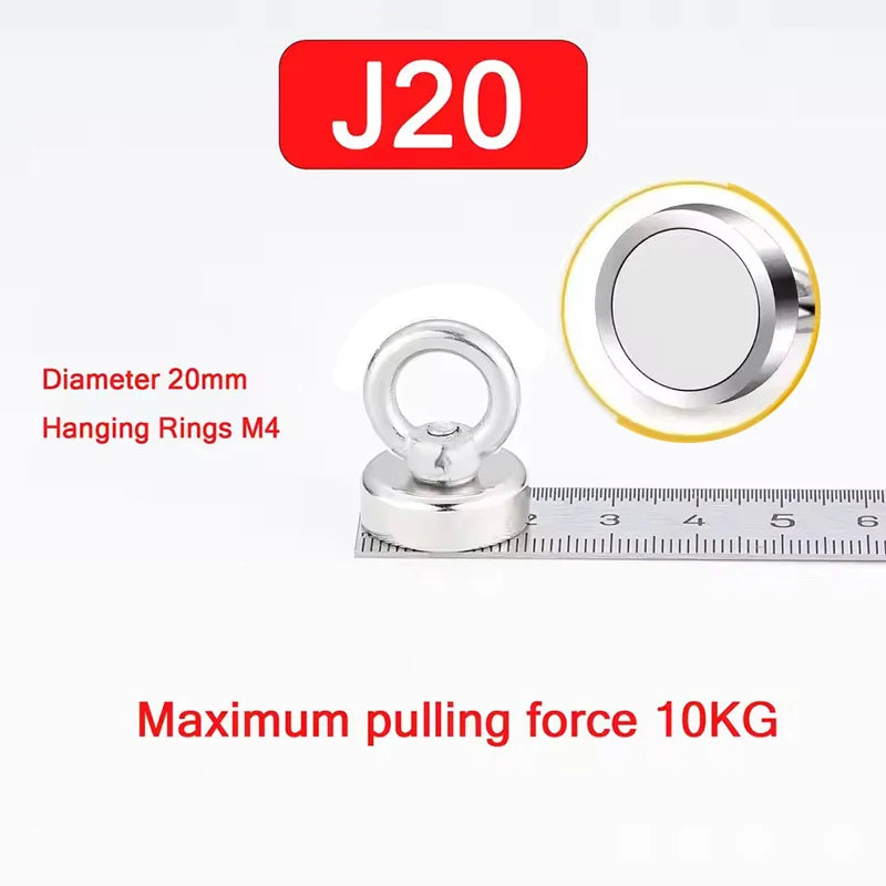 Silver J20 magnetic hook with a 20mm diameter and M4 hanging rings, rated for a maximum pulling force of 10KG.