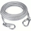 A coiled stainless steel clothesline rope with a metal clip attached.