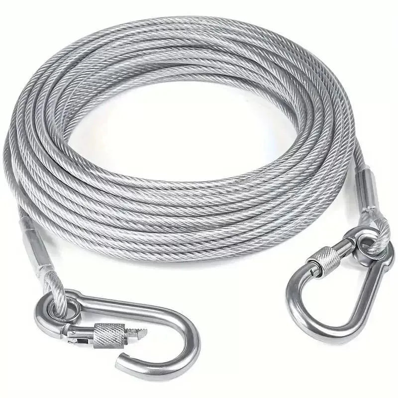 A coiled stainless steel clothesline rope with a metal clip attached.