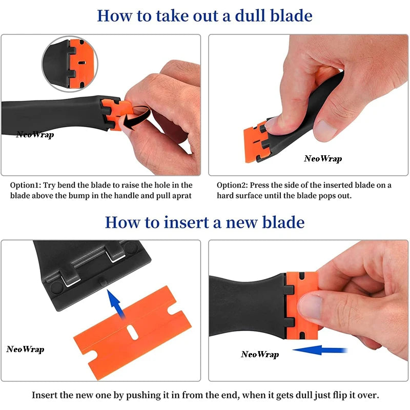 Instructions showing how to take out a dull blade and insert a new blade using the Precision Plastic Razor Blade Scraper
