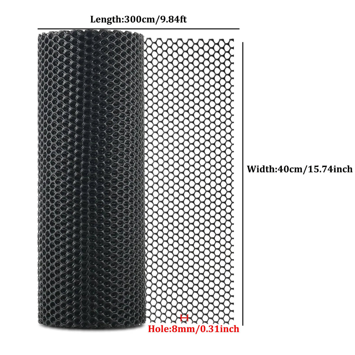 Schwarzes Kunststoffdrahtgitter mit 8mm Löchern, 300 cm lang und 40 cm breit.