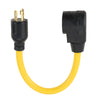 Yellow power adapter cord with a black connector and a gold-tipped plug for a generator to welder.