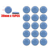 A set of 15 round blue self-adhesive furniture sliders for floor protection, measuring 30mm in diameter.