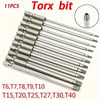 A set of 11 Torx bits in various sizes T6 through T40, shown laid out on a white background.