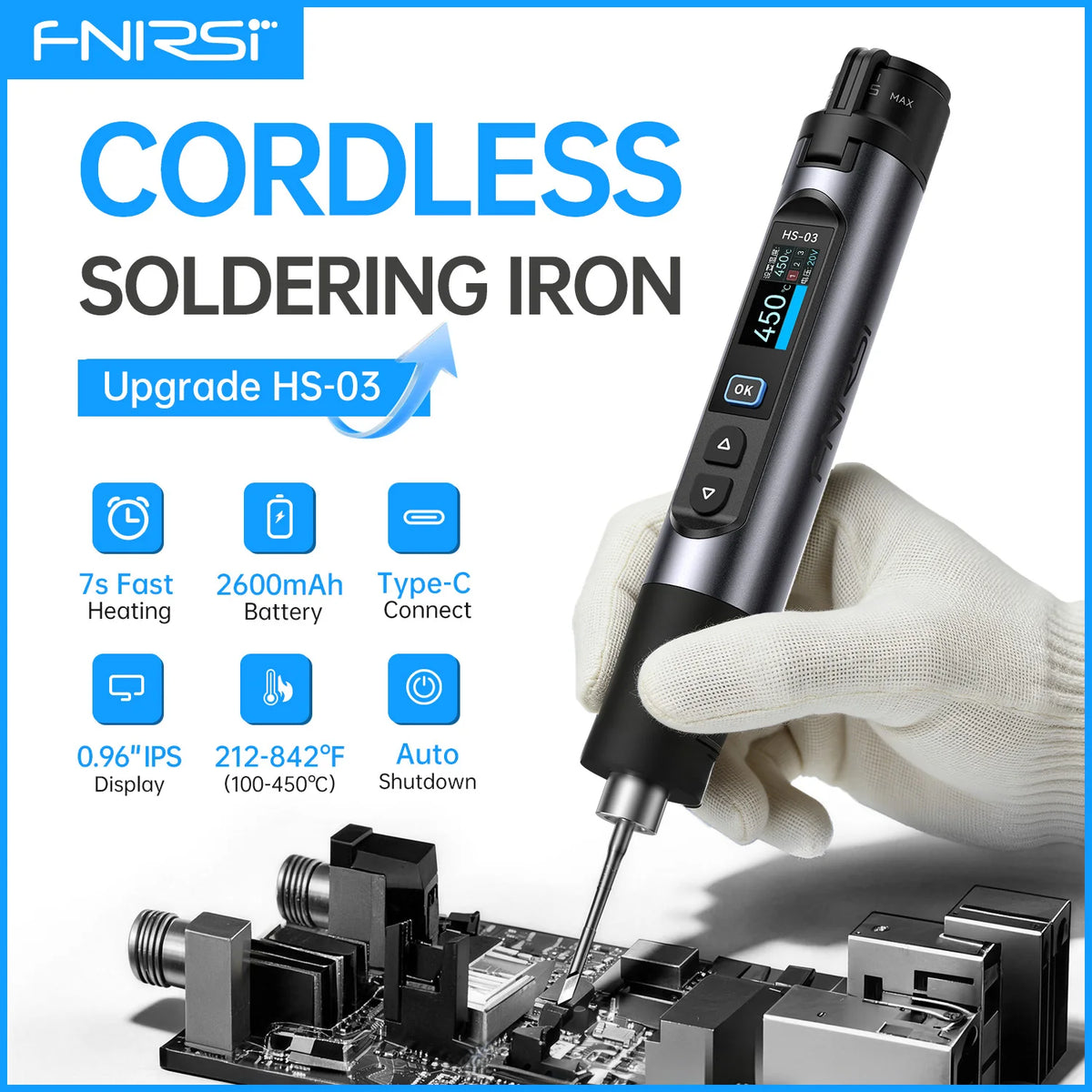 A hand holds a black cordless soldering iron with a tip, positioned over an electronic circuit board.