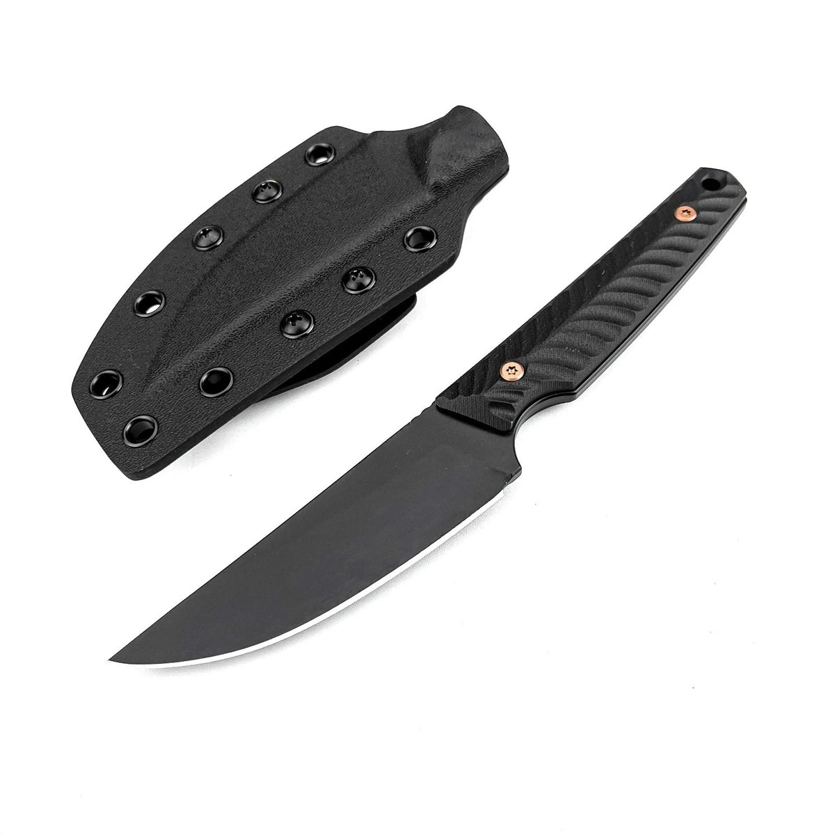 Black full tang fixed blade EDC knife with a textured handle and Kydex sheath shown from above.