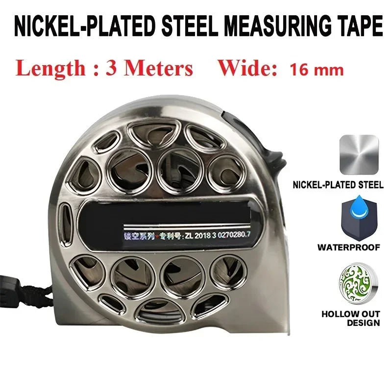 Nickel-plated steel measuring tape with a black case and multiple measurement holes.