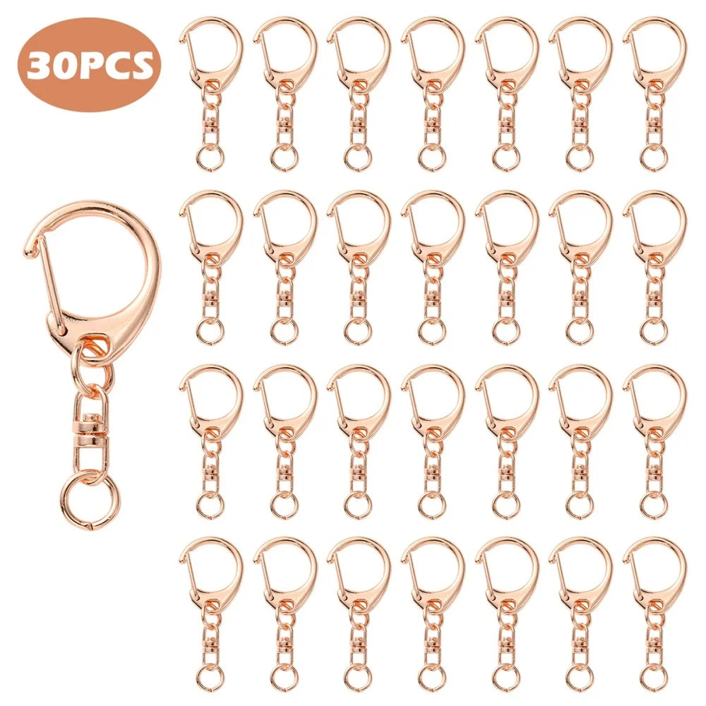 A collection of 30 gold-colored lobster clasp key rings for DIY jewelry.