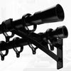 Black double curtain rod brackets designed for wall mounting.