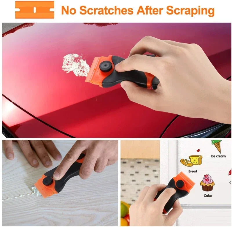 A hand uses an orange dual-purpose razor scraper to remove scratches from a red car surface.