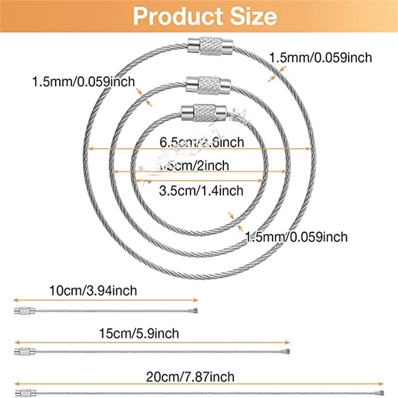 A set of stainless steel wire keychain tags shown with various diameters and lengths.