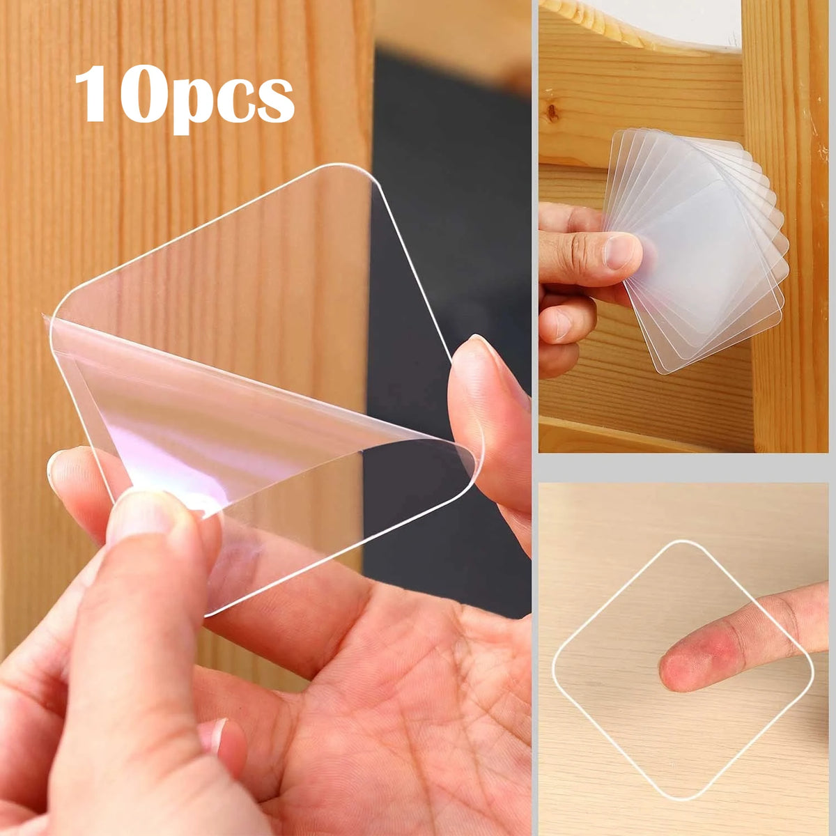 A hand is applying a clear, translucent nano adhesive pad to a wooden surface.