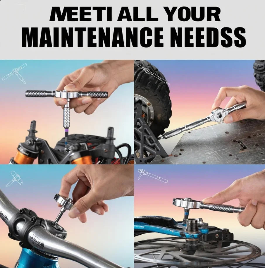A set of precision multi-bit screwdrivers and a magnetic ratchet tool being used on various mechanical parts.