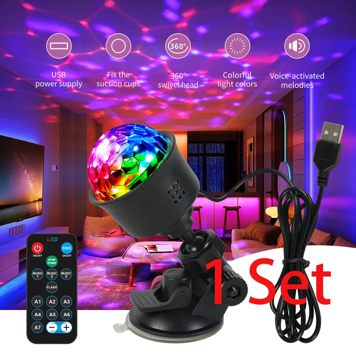 A black disco ball light fixture with a remote control and power supply is shown in a dimly lit room.