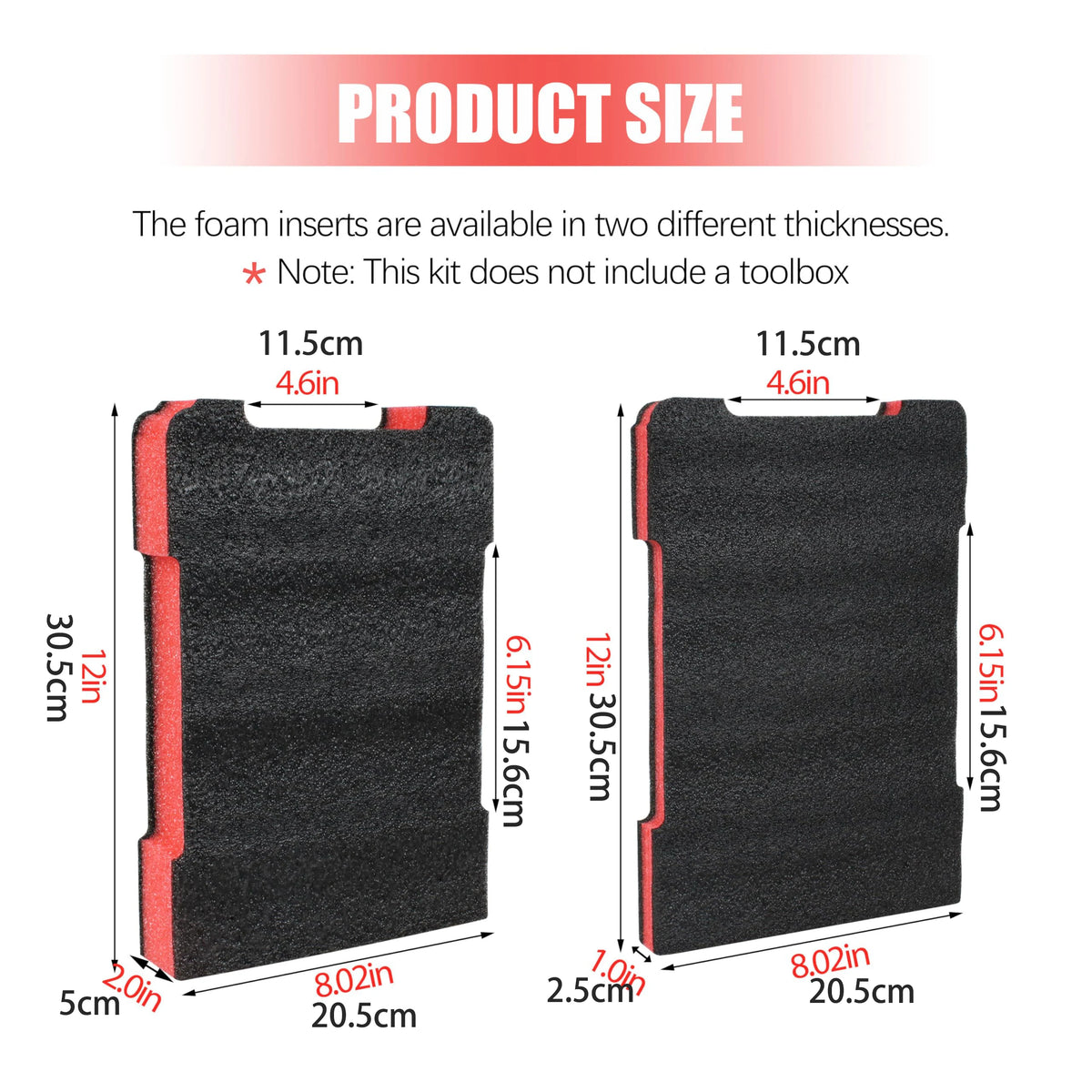 Two thicknesses of foam inserts for toolboxes shown with dimensions and measurements.