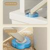 Close-up of a toilet brush set being used to clean the lid gap and dead angle gap on a white toilet.