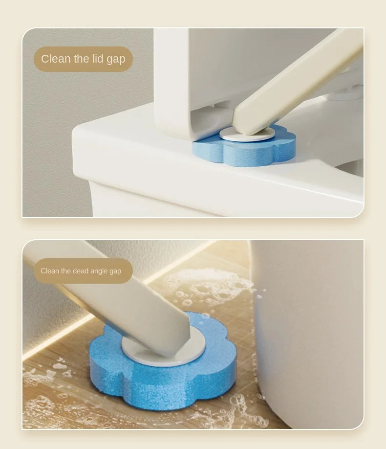 Close-up of a toilet brush set being used to clean the lid gap and dead angle gap on a white toilet.
