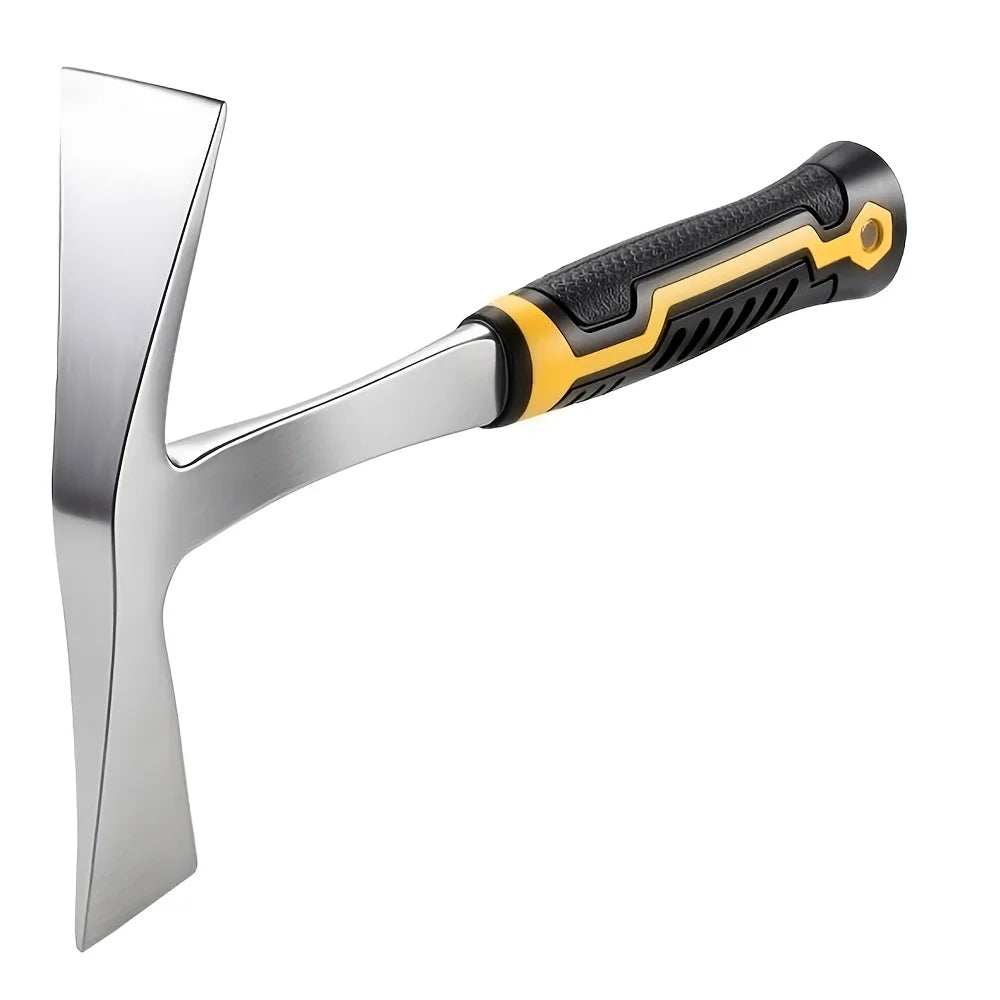 A silver pickaxe with a black and yellow grip is shown against a white background.