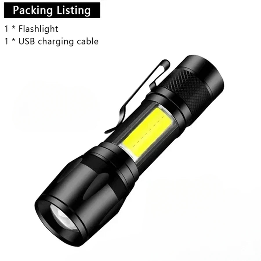 A black tactical flashlight with a yellow light, shown from the side.