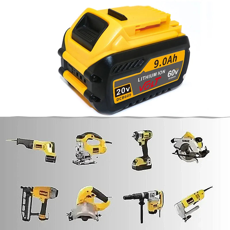 Yellow and black lithium-ion battery charger for DeWalt power tools with a 9.0Ah 60V capacity.