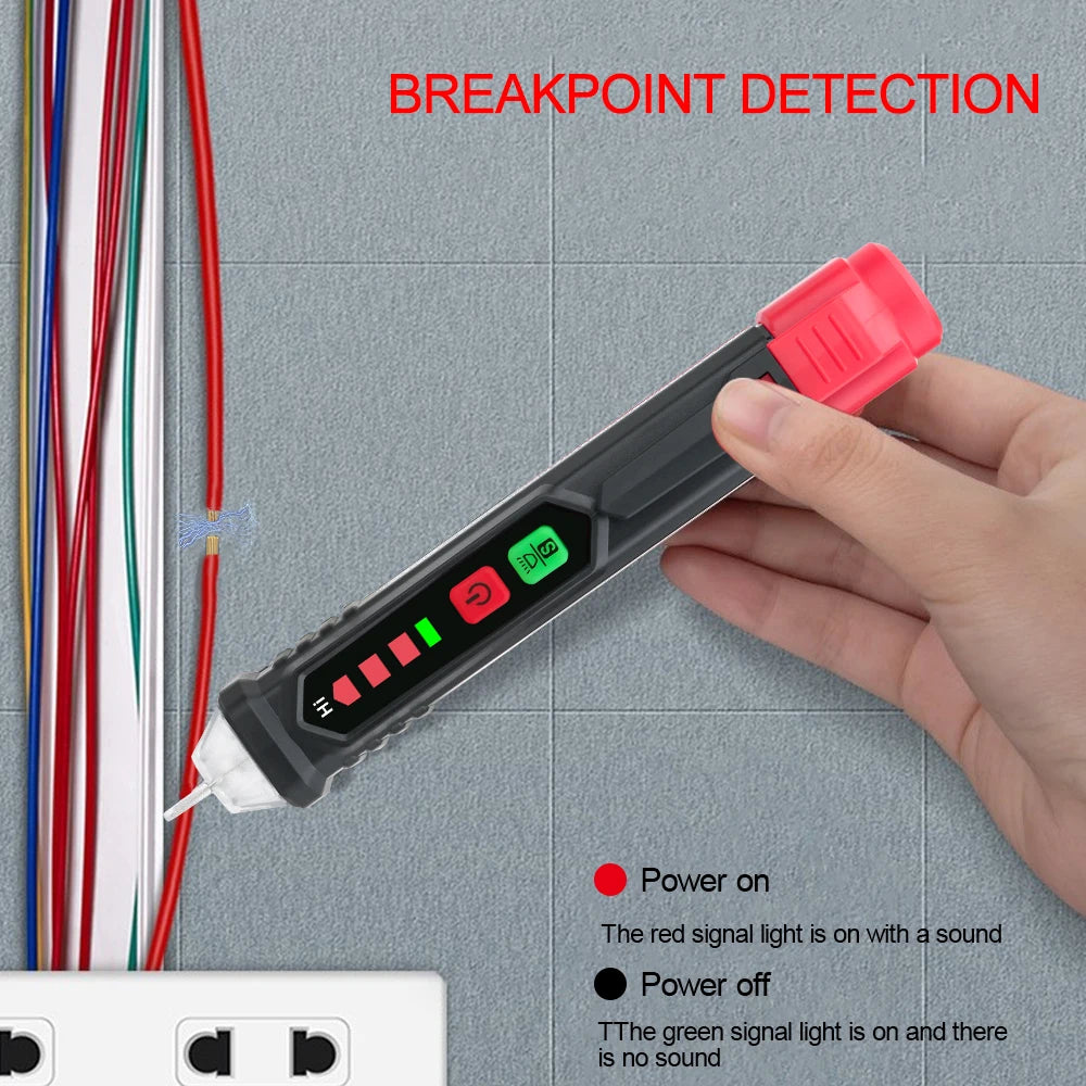 A hand holds a non-contact voltage tester pen with an LED light showing power status.
