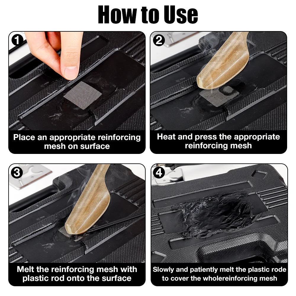 Instructions showing how to use a professional soldering iron for plastic and leather repair by heating and pressing reinforc