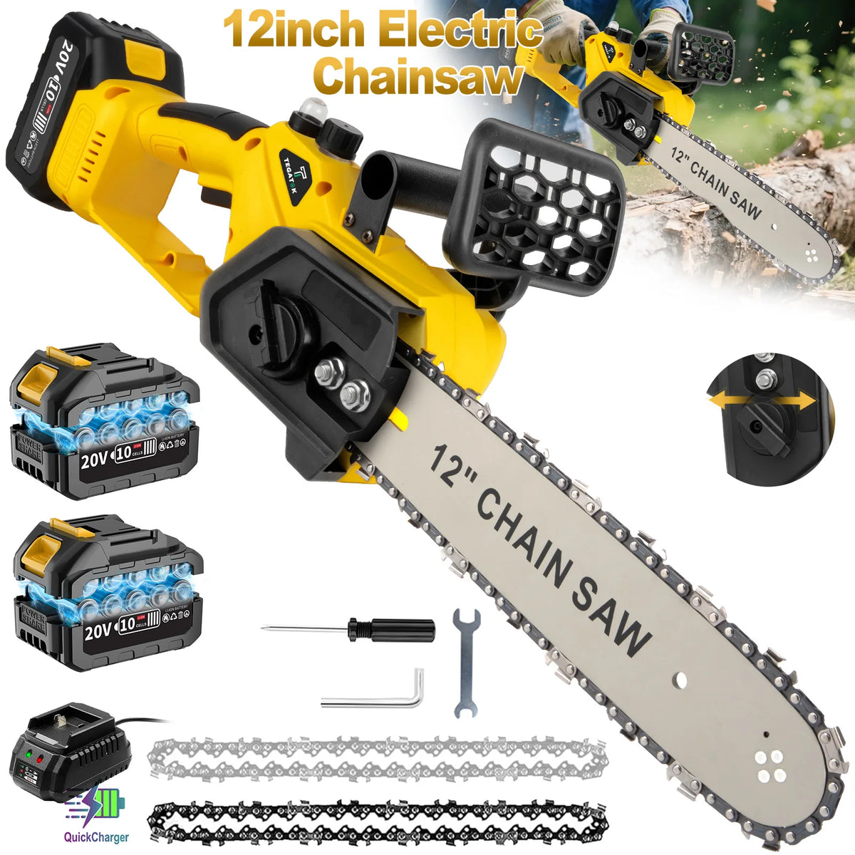 A yellow electric chainsaw is shown with its 12 inch chain saw blade and accessories like batteries and chains.