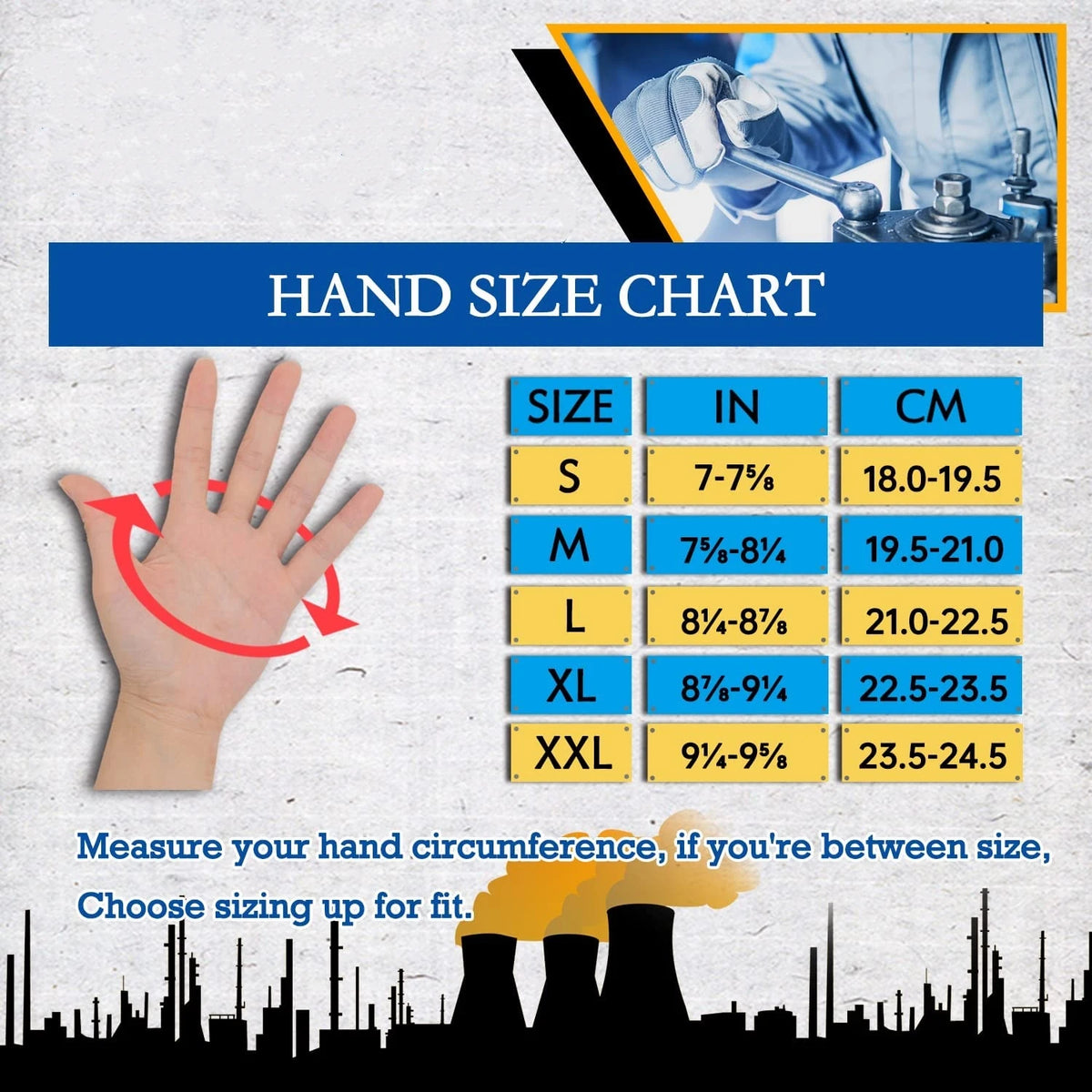Hand size chart showing measurements for glove sizes S through XXL