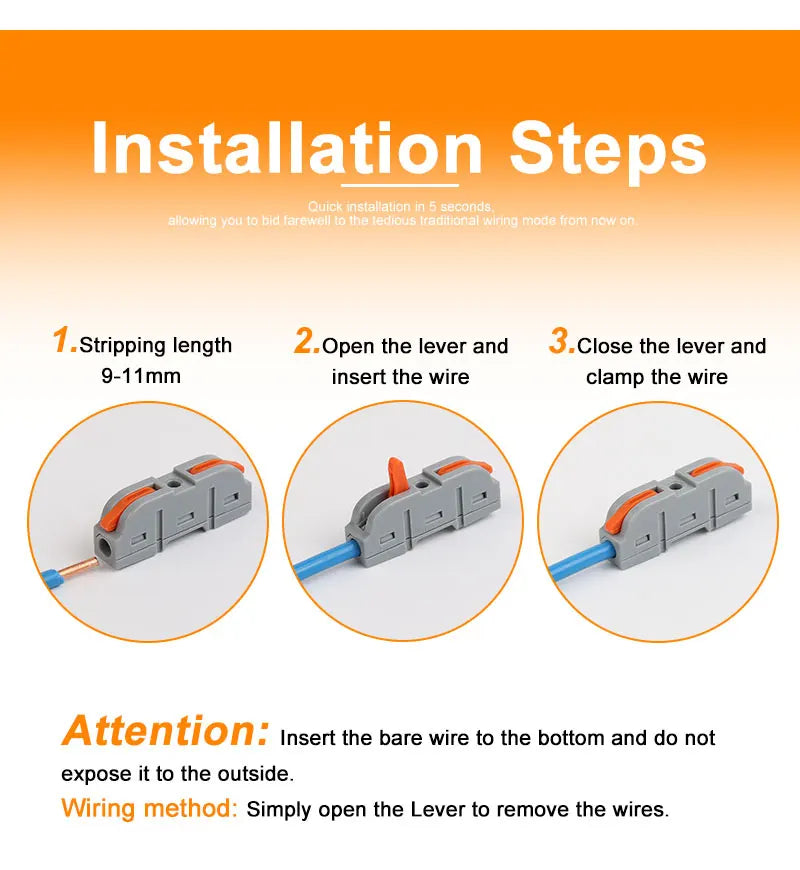 Installation steps showing how to strip, insert, and clamp a wire using a lever connector.
