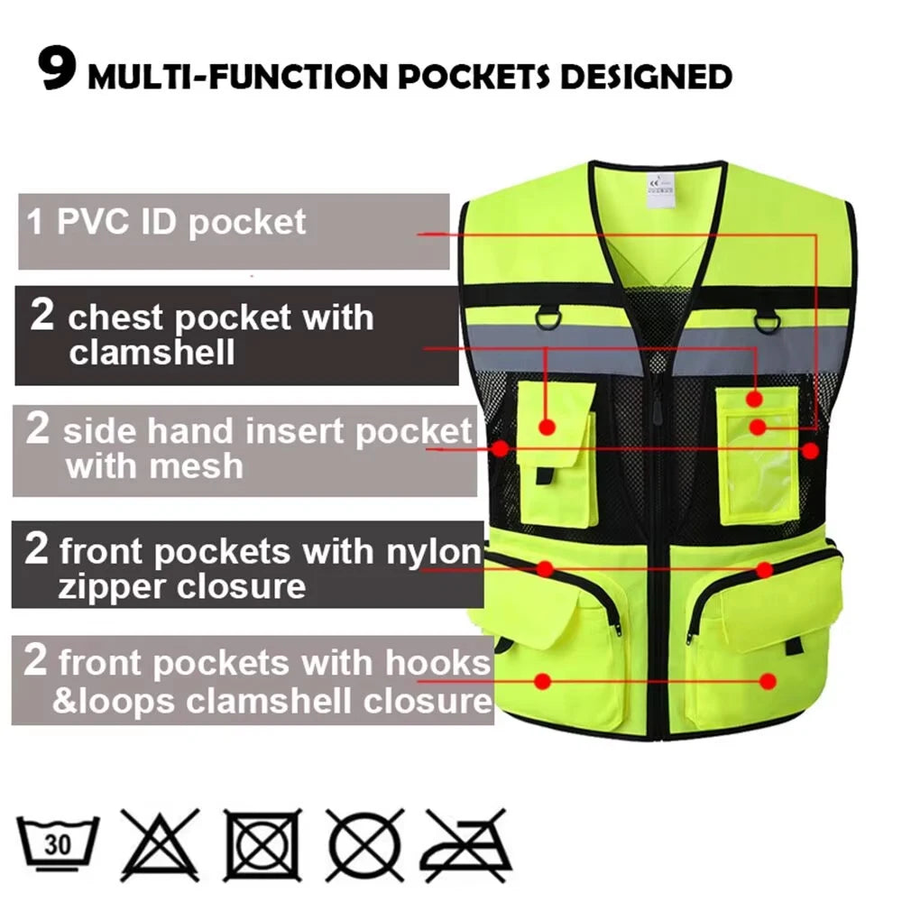 Helles gelbes Sicherheits-Arbeitsvest mit neun multifunktionalen Taschen zum Aufbewahren.