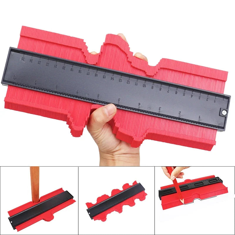 A hand holds a black profile contour gauge for woodworking and crafting, showing its dimensions and various cut profiles.