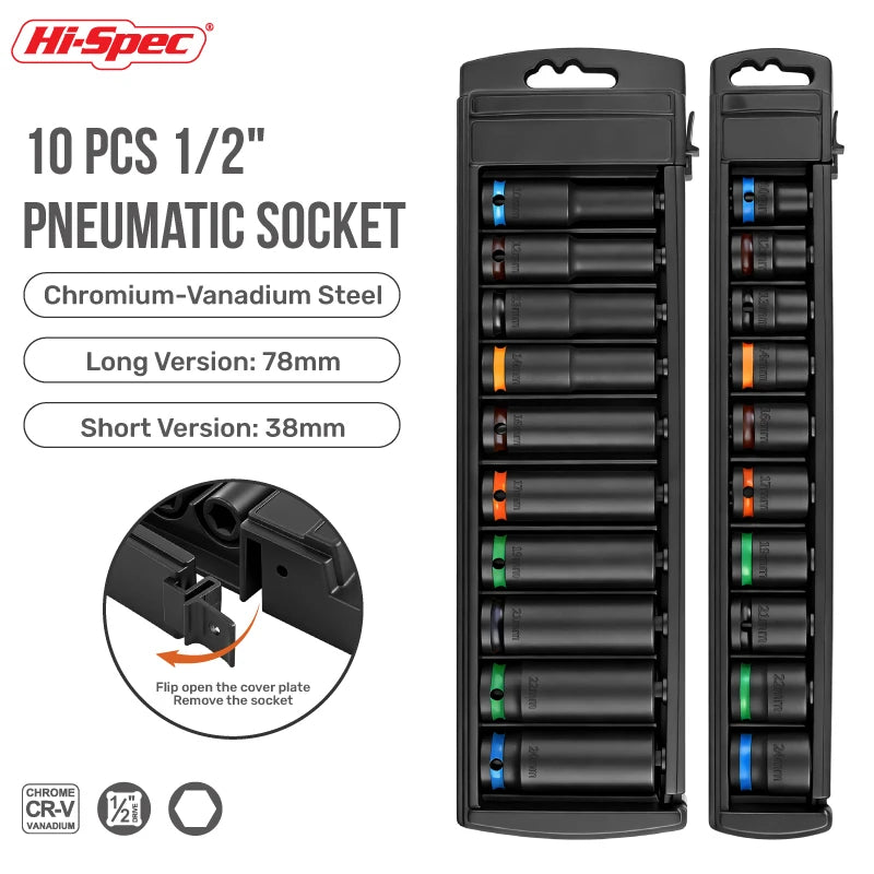 A set of ten 1/2 inch pneumatic sockets made of chromium-vanadium steel stored in a black plastic rack.
