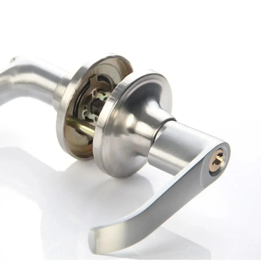 A close-up view of a silver three-pole spherical entry lock set mechanism.