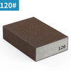 A dark brown abrasive sanding sponge block with the number 120 marked on the side.