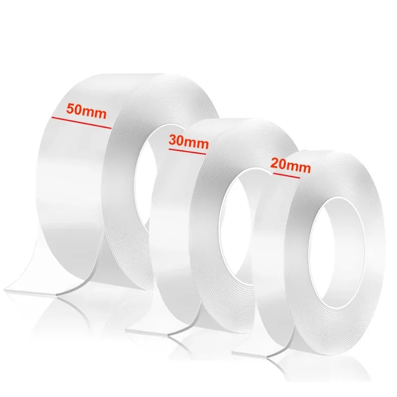 Rolls of white double-sided mounting tape with various widths marked 50mm, 30mm, and 20mm