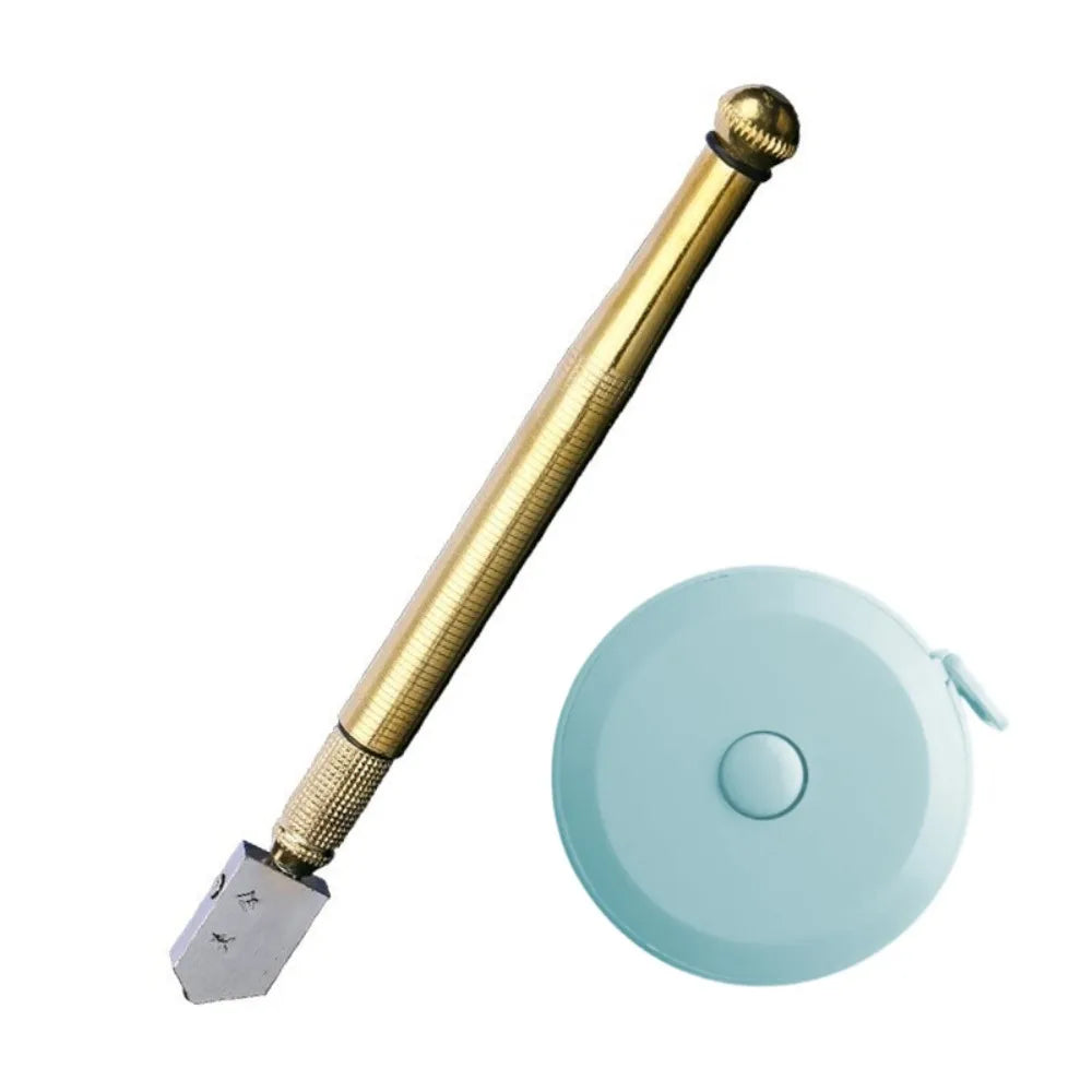 Outil de coupe en verre diamant portable de couleur or avec un cap en plastique bleu clair.