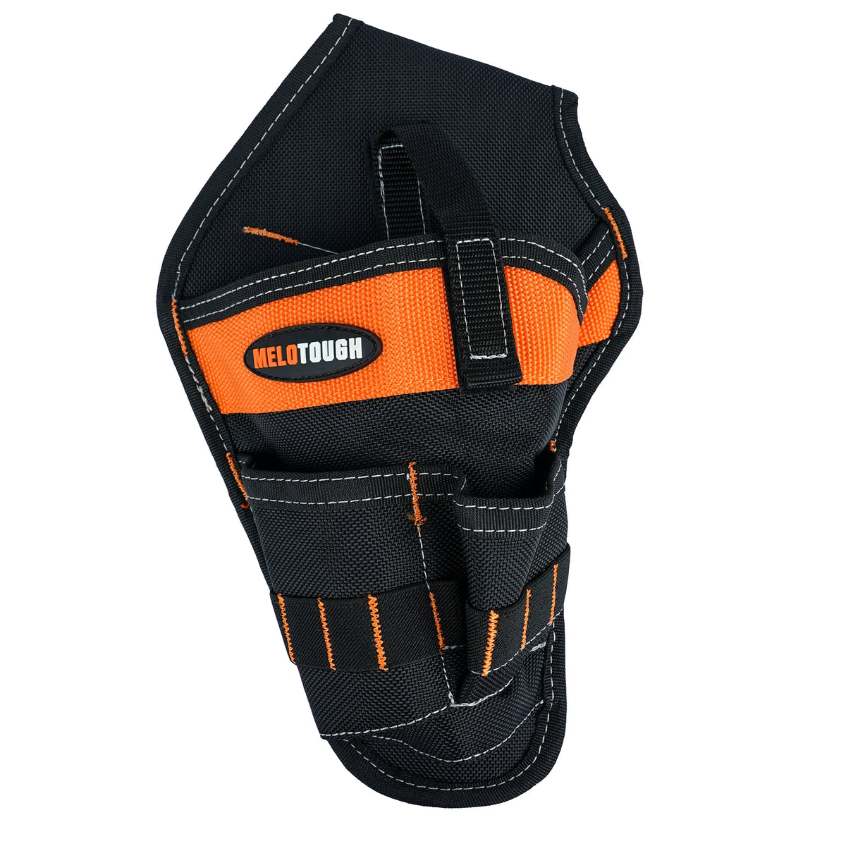 Black heavy-duty cordless tool holster with an orange accent and stitching.