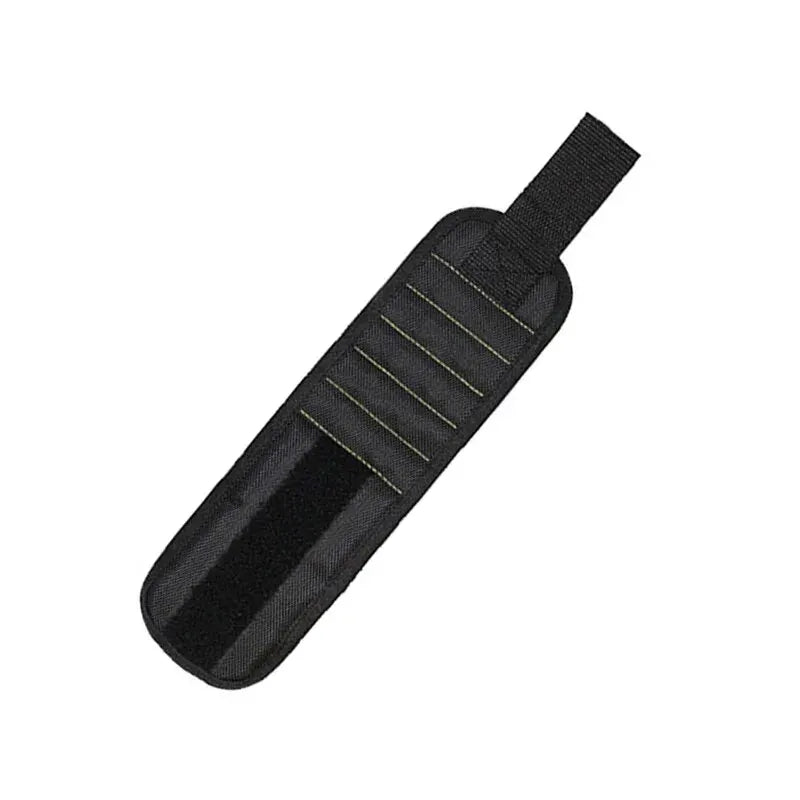 Black magnetic wristband tool holder designed for storing screws and nails