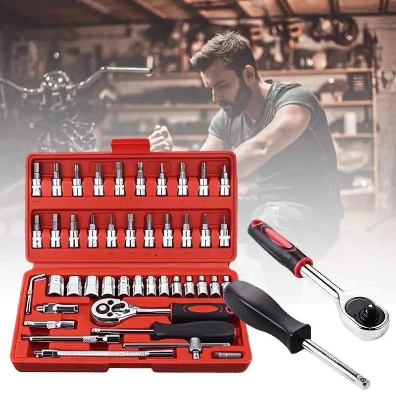 Red 1/4-inch drive metric socket wrench set with various tools displayed on a workbench.