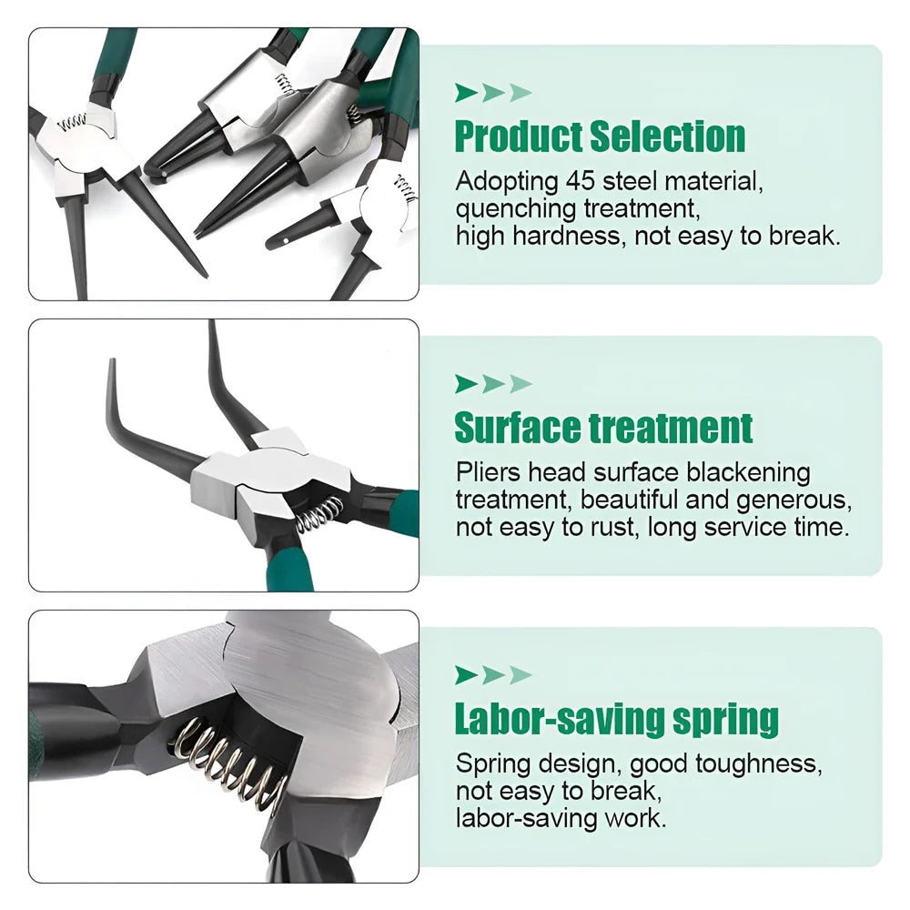 Image showing a set of precision carbon steel circlip pliers with various features like surface treatment and labor-saving sp