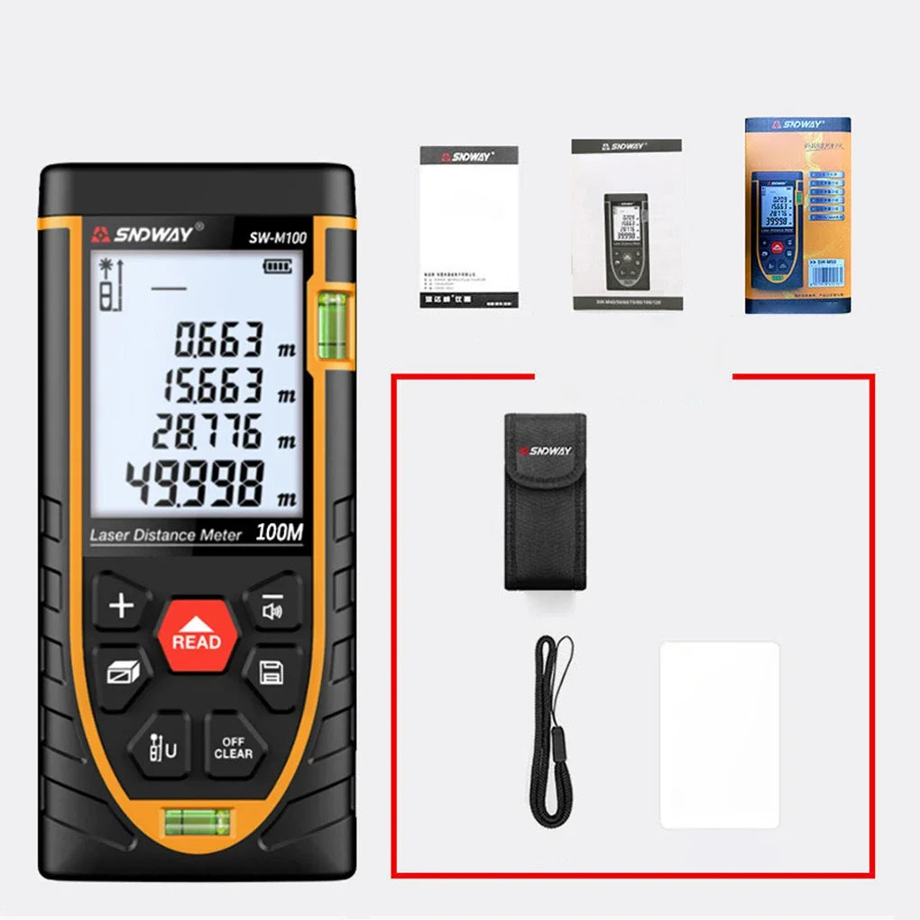 A black Sidway SW-M100 laser distance meter with a display showing 49.9998 meters.
